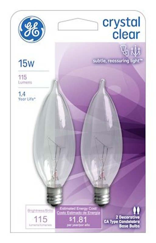 GE 48396 Light Bulb, 15 W, CA8 Lamp, E12 Candelabra Lamp Base, 115 Lumens, 2500 K Color Temp, Soft White Light