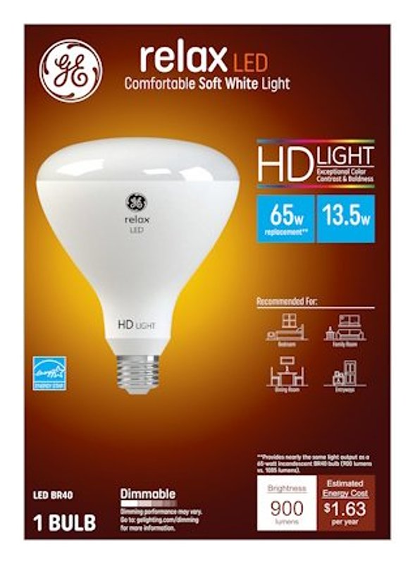 GE 49525 LED Light Bulb, BR40 Lamp, 85 W Equivalent, E26 Medium Lamp Base, Dimmable, White, Soft White Light