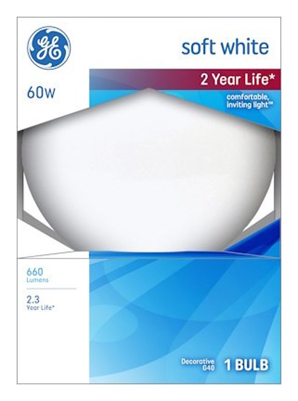 GE 49780 Light Bulb, 60 W, G40 Lamp, E26 Medium Lamp Base, 650 Lumens, 2600 K Color Temp, Soft White Light