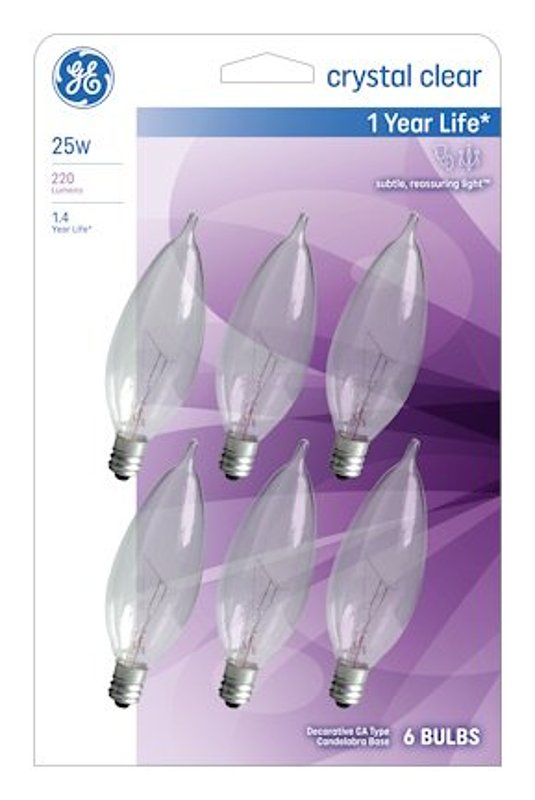 GE 75223 Decorative Light Bulb, 25 W, CA10 Lamp, Candelabra Lamp Base, 220 Lumens, 2500 K Color Temp