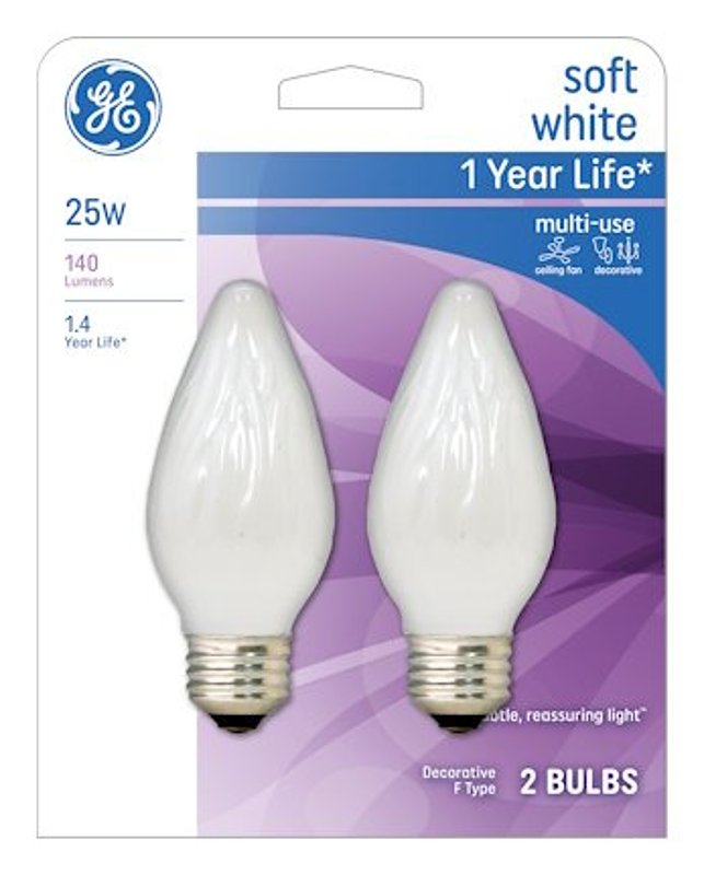 GE 75338 Ceiling Fan Bulb, 25 W, F15 Lamp, E26 Medium Lamp Base, 100 Lumens, 2400 K Color Temp, White Light