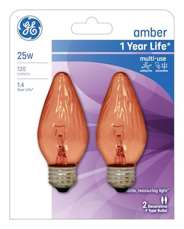 GE 75339 Light Bulb, 25 W, F15 Lamp, E26 Medium Lamp Base, 120 Lumens, 2400 K Color Temp, Amber Light