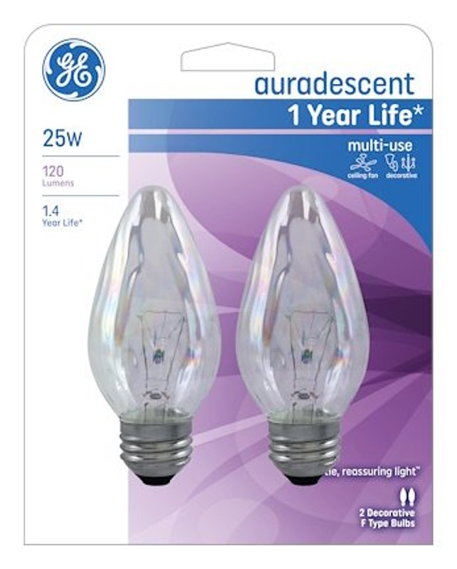 GE 75340 Ceiling Fan Bulb, 25 W, F15 Lamp, E26 Medium Lamp Base, 170 Lumens, Auradescent Light