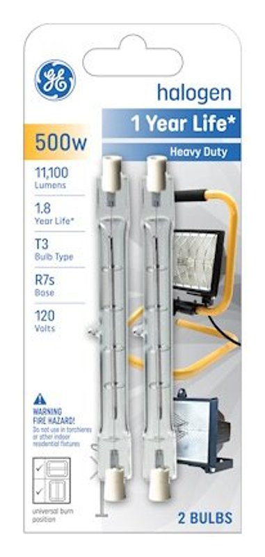 GE 85048 Halogen Bulb, 500 W, R7s Lamp Base, T3 Lamp, 11100 Lumens, 2000 hr Average Life