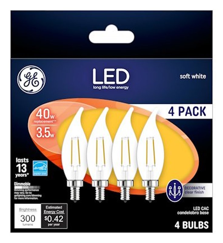 GE 92674 LED Bulb, Decorative, 300 Lumens, 4 W, CA Lamp, 40 W Equivalent, Dimmable, Soft White, 2700 K Color Temp