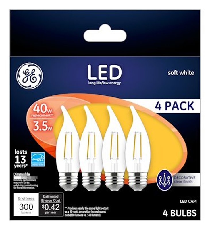 GE 92677 LED Bulb, 120 V, 300 Lumens, 4 W, CA Lamp, 40 W Equivalent, Dimmable, Soft White, 2700 K Color Temp
