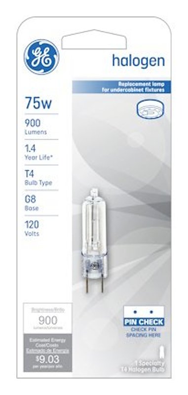 GE 97666 Halogen Bulb, 75 W, G8 Bi-Pin Lamp Base, T4 Lamp, Bright White Light, 900 Lumens, 2850 K Color Temp