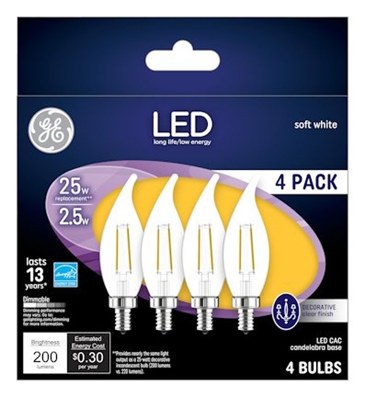 GE 99076 LED Bulb, Decorative, CA11 Lamp, 25 W Equivalent, Dimmable, Soft White Light, 2700 K Color Temp
