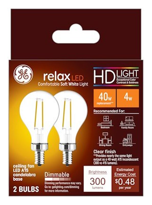 GE 93116152 LED Ceiling Fan Light Bulb, A15 Lamp, 40 W Equivalent, E12 Medium Lamp Base, Dimmable, Clear, Soft White Light