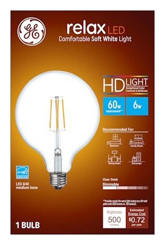 GE 93116239 LED Light Bulb, G40 Lamp, 60 W Equivalent, E26 Medium Lamp Base, Yes, Clear, Soft White Light