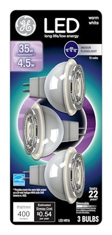GE 93116243 LED Light Bulb, MR16 Lamp, 35 W Equivalent, GU5.3 Lamp Base, Dimmable, Clear, White Light, 3000 K Color Temp