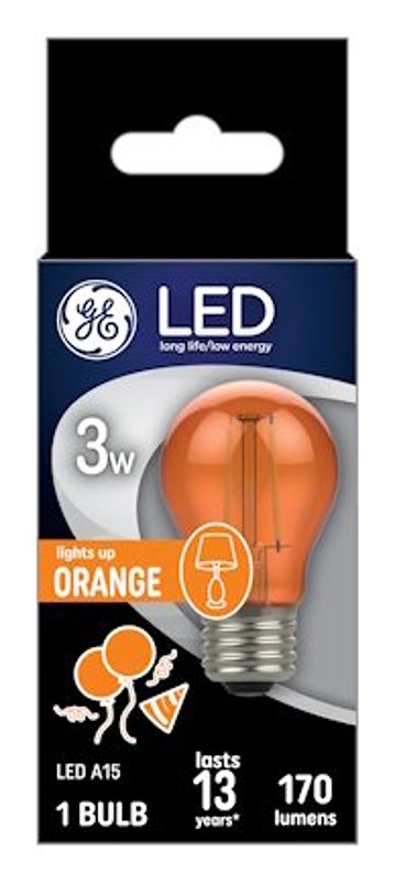 GE 93116858 Party Light Bulb, A15 Bulb, 3 W, Orange Bulb, LED Bulb, 2700 K Color Temp, 170 Lumens