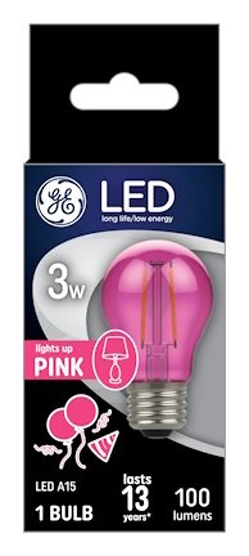 GE 93116859 Party Light Bulb, A15 Bulb, 3 W, Pink Bulb, LED Bulb, 2700 K Color Temp, 100 Lumens