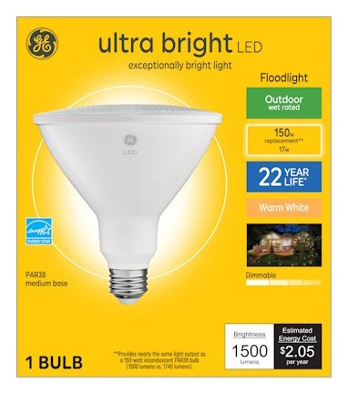 GE 93128005 LED Bulb, PAR38 Lamp, 150 W Equivalent, E26 Medium Lamp Base, Dimmable, 3000 K Color Temp