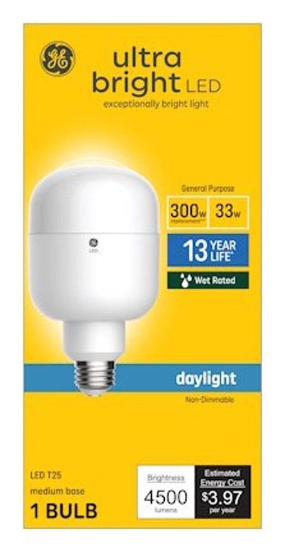 GE 93128936 LED Light Bulb, T25 Tubular Lamp, 300 W Equivalent, E26 Medium Lamp Base, Daylight Light, 5000 K Color Temp
