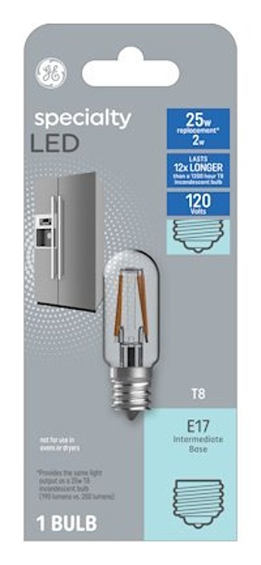 GE 93128998 LED Light Bulb, T8 Lamp, 25 W Equivalent, E17 Intermediate Lamp Base, Frosted, Warm White Light