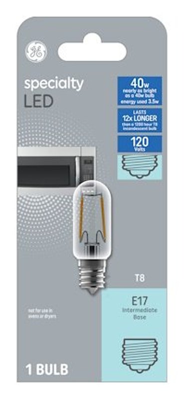 GE 93128999 LED Light Bulb, T8 Lamp, 40 W Equivalent, E17 Intermediate Lamp Base, Frosted, Warm White Light