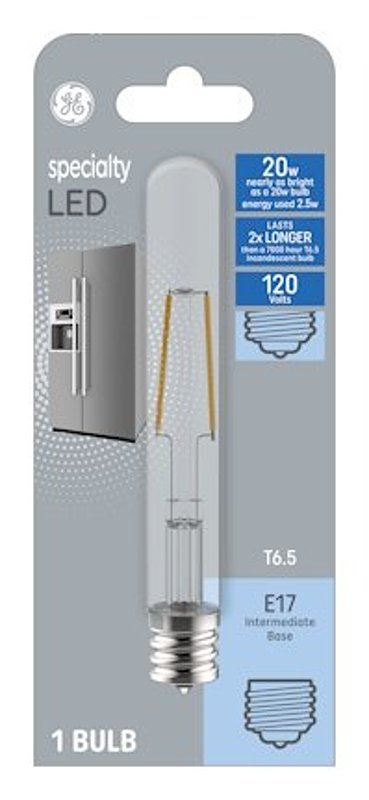 GE 93129007 LED Specialty Blub, T6.5 Lamp, 20 W Equivalent, E17 Intermediate Lamp Base, Non-Dimmable, Clear