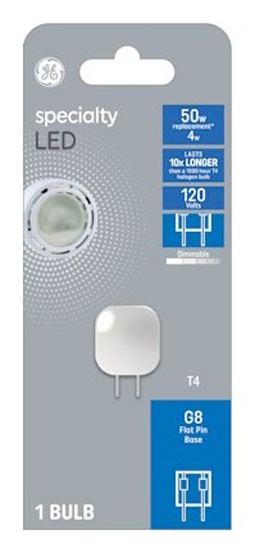 GE 93129011 LED Bulb, Specialty, T4 Lamp, G8 Lamp Base, Dimmable, Clear, Soft White Light, 3000 K Color Temp