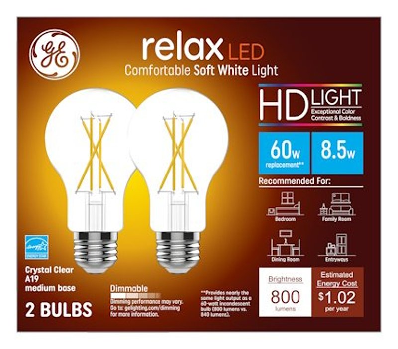 GE 93129016 LED Bulb, General-Purpose, A19 Lamp, 60 W Equivalent, E24/E26 Medium Lamp Base, Dimmable, Soft White Light