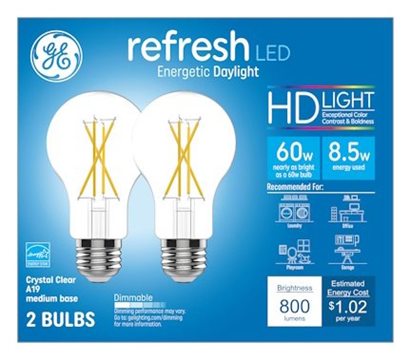 GE 93129022 LED Bulb, General-Purpose, A19 Lamp, 60 W Equivalent, E24/E26 Medium Lamp Base, Dimmable, DayLight