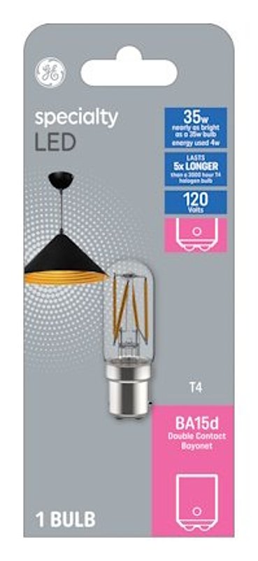 GE 93129023 LED Bulb, T4 Lamp, 50 W Equivalent, Ba15d Bayonet Lamp Base, Clear, Soft White Light, 3000 K Color Temp