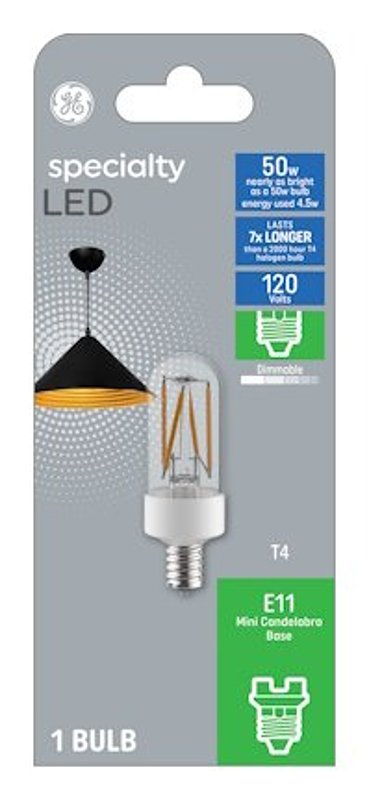 GE 93129027 LED Bulb, T4 Lamp, 50 W Equivalent, E11 Mini Candelabra Lamp Base, Dimmable, Clear, Soft White Light