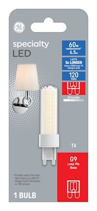 GE 93129028 LED Bulb, Specialty, T4 Lamp, G9 Lamp Base, Dimmable, Soft White Light, 3000 K Color Temp