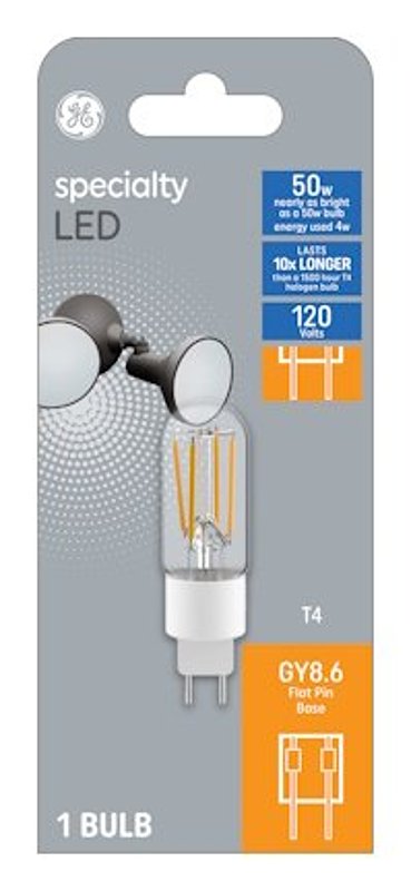GE 93129029 LED Bulb, T4 Lamp, 50 W Equivalent, G8.6 Flat Pin Lamp Base, Dimmable, Frosted, Soft White Light