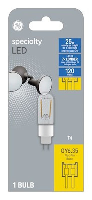 GE 93129030 Light Bulb, 25 W, G6.35 Lamp Base, T4 Lamp, Soft White Light, 250 Lumens, 3000 K Color Temp
