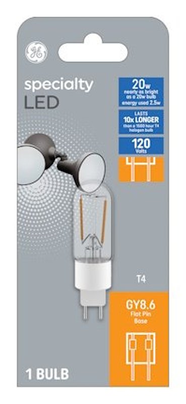 GE 93129031 LED Bulb, T4 Lamp, 20 W Equivalent, GY8.6 Lamp Base, Clear, Soft White Light, 3000 K Color Temp