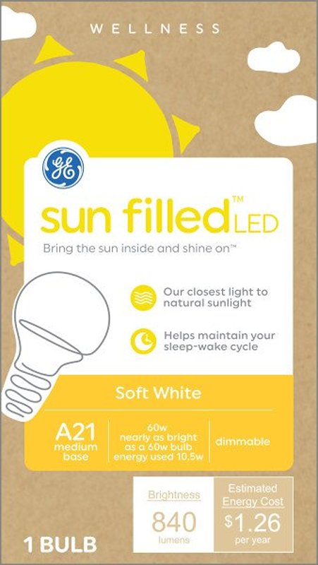 GE Sun Filled 93129184 LED Light Bulb, General-Purpose, A21 Lamp, 60 W Equivalent, E26 Medium Lamp Base, Dimmable, White