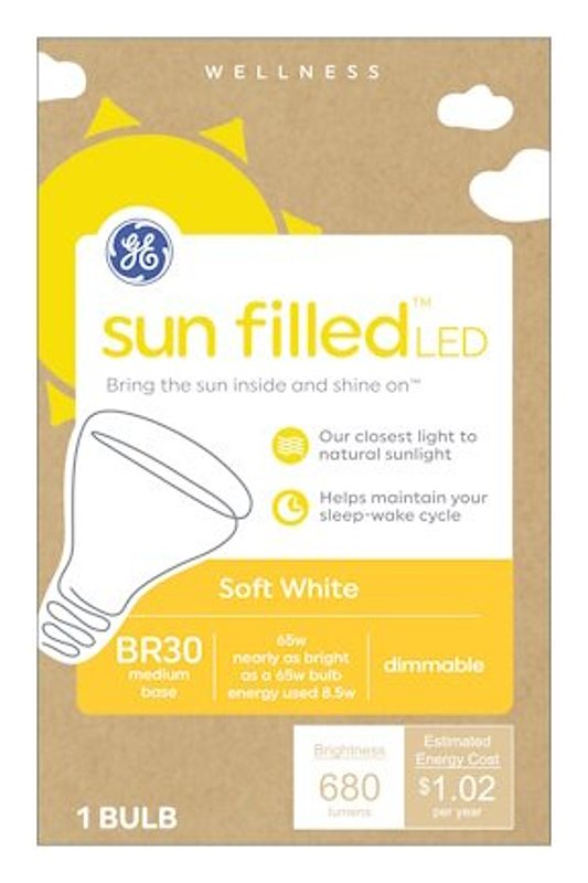 GE Sun Filled 93129186 LED Light Bulb, BR30 Lamp, 65 W Equivalent, E26 Medium Lamp Base, Dimmable, White