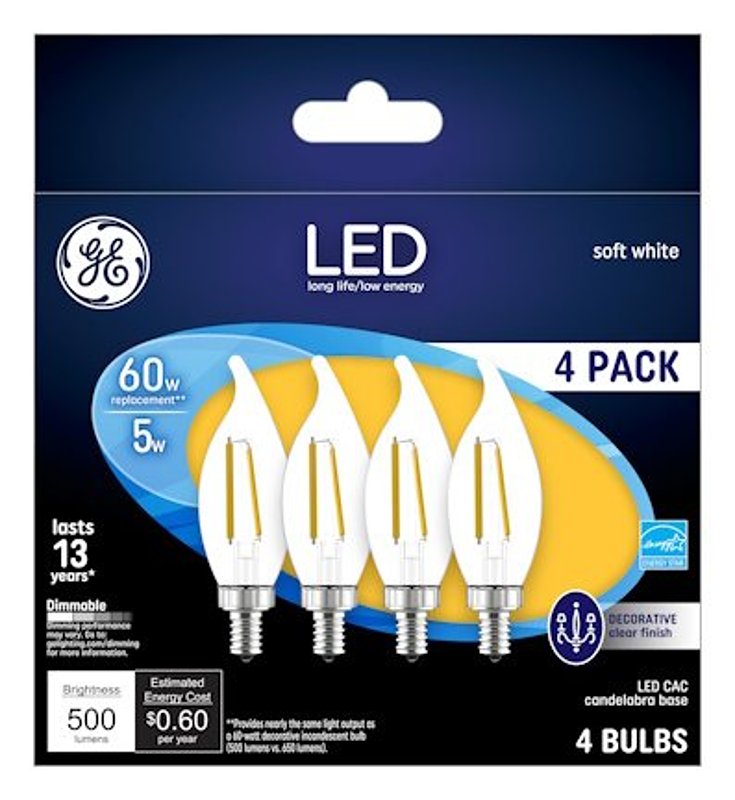 GE 93129333 Decorative LED Light Bulb, Bent Tip, 500 Lumens, 5 W, CAC Lamp, 60 W Equivalent, E12 Candelabra Lamp Base