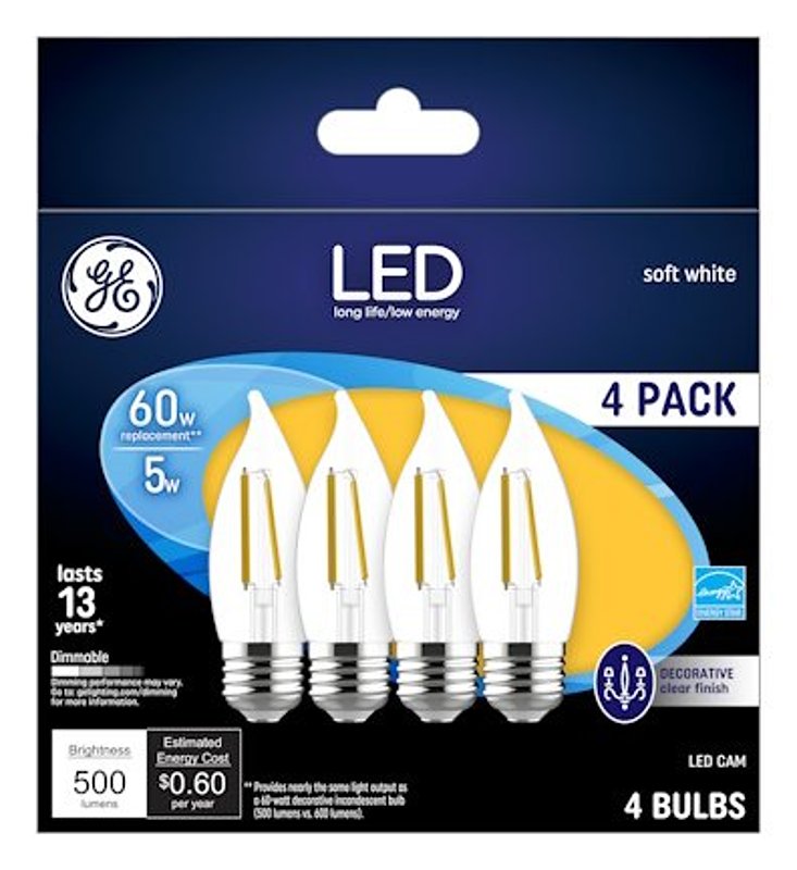 GE 93129342 Decorative LED Light Bulb, Bent Tip, CA11 Lamp, 60 W Equivalent, E26/24 Medium Lamp Base, Dimmable, Clear