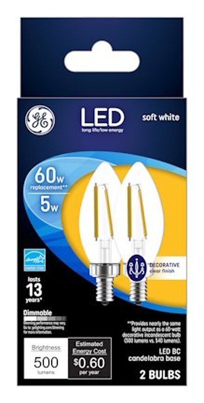 GE 93129347 Decorative LED Light Bulb, BC Lamp, 60 W Equivalent, E12 Candelabra Lamp Base, Dimmable, Clear, Soft White Light