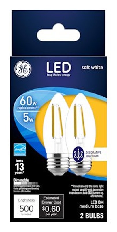 GE 93129349 Decorative LED Light Bulb, Blunt Tip, BM Lamp, 60 W Equivalent, E26/24 Medium Lamp Base, Yes, Clear