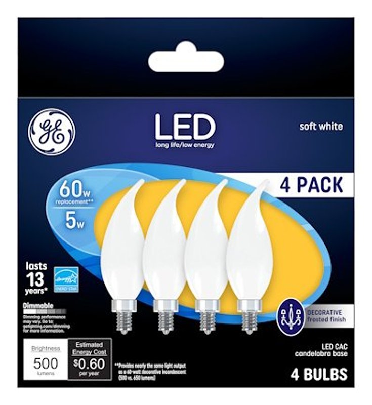 GE 93129350 LED Light Bulb, Bent Tip, CA11 Lamp, 60 W Equivalent, E12 Candelabra Lamp Base, Dimmable, Frosted