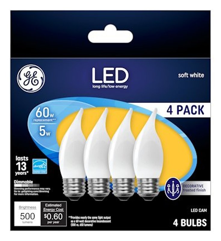 GE 93129351 LED Bulb, Flame Lamp, 60 W Equivalent, Medium Lamp Base, Dimmable, Frosted, Warm White Light
