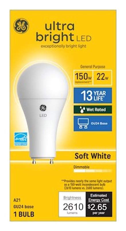 GE 93129364 LED Bulb, A21 Lamp, 150 W Equivalent, GU24 Lamp Base, Dimmable, Soft White Light, 2700 K Color Temp