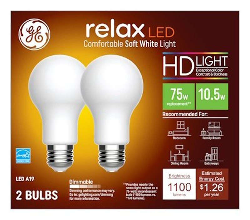 GE 93129420 LED Light Bulb, A19 Lamp, 75 W Equivalent, Medium Lamp Base, Dimmable, Soft White, 2700 K Color Temp