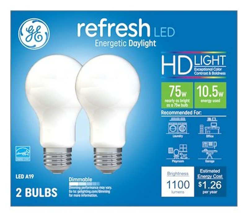 GE 93129422 Light Bulb, 75 W Equivalent, Medium Lamp Base, Dimmable, Daylight, 5000 K Color Temp