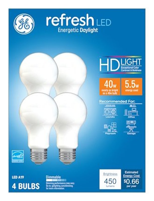 GE 93129429 LED Bulb, A19 Lamp, 40 W Equivalent, E26 Medium Lamp Base, Dimmable, Frost, Daylight, 5000 K Color Temp