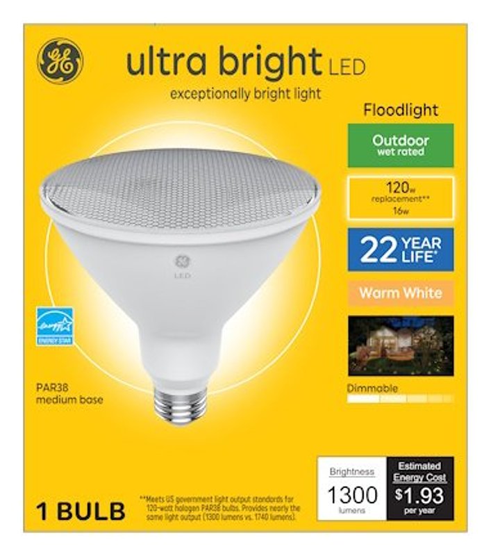 GE 93130019 LED Bulb, PAR38 Lamp, 120 W Equivalent, Medium Lamp Base, Dimmable, White, 3000 K Color Temp