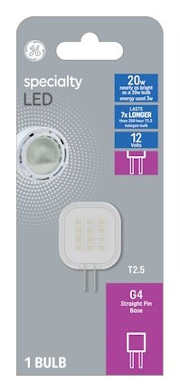 GE 93130146 LED Bulb, T2.5 Lamp, 20 W Equivalent, G4 2-Pin Lamp Base, Non-Dimmable, Warm White, 3000 K Color Temp
