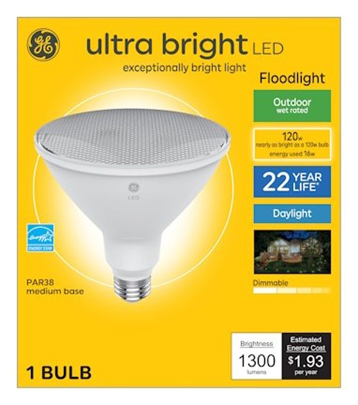 GE Ultra Bright Series 93130317 Floodlight Bulb, PAR38 Lamp, 120 W Equivalent, Medium Lamp Base, Yes, Clear, Daylight