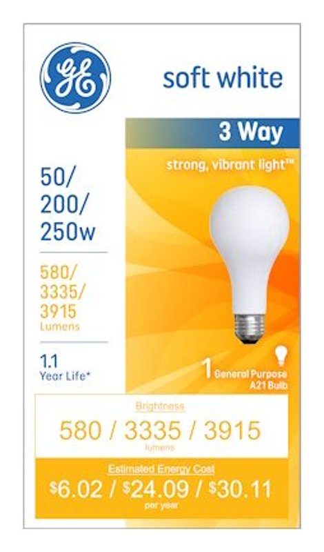 GE 93130573 Light Bulb, 250 W, A21 Lamp, E26 Medium Lamp Base, 3915 Lumens, 2800 K Color Temp, Soft White