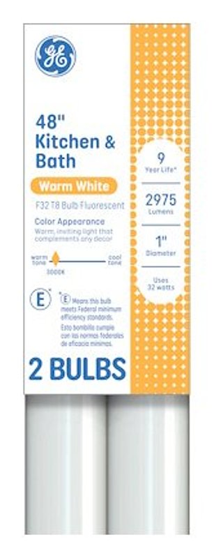 GE 93130668 Tube Light Bulb, 32 W, T8 Linear Lamp, G13 Bi-Pin Lamp Base, 2975 Lumens, 3000 K Color Temp, Warm White