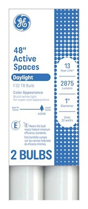 GE 93130669 Tube Light Bulb, 32 W, T8 Linear Lamp, G13 Bi-Pin Lamp Base, 2900 Lumens, 6500 K Color Temp, Daylight