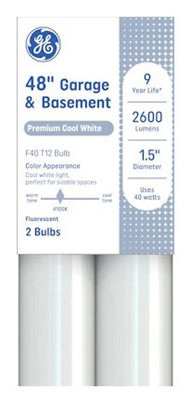 GE 93130676 Tube Light Bulb, 40 W, T12 Linear Lamp, G13 Bi-Pin Lamp Base, 2900 Lumens, 4100 K Color Temp, Cool White